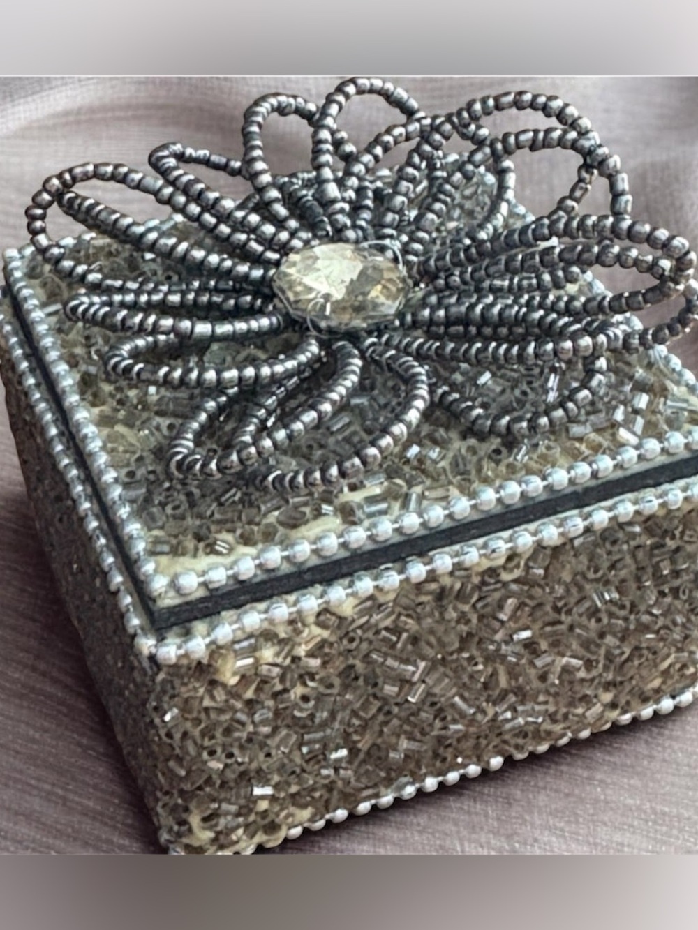 Vintage Beaded Trinket Box Bronze Gold Jeweled Floral Keepsake